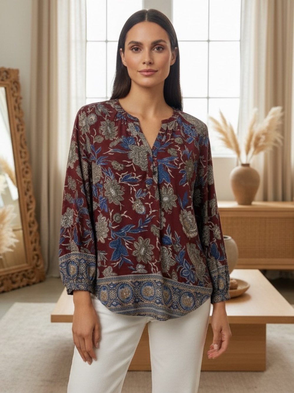 Lucky Brand Boho Inspired Burgundy and Blue Floral Tunic Blouse